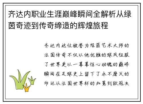 齐达内职业生涯巅峰瞬间全解析从绿茵奇迹到传奇缔造的辉煌旅程