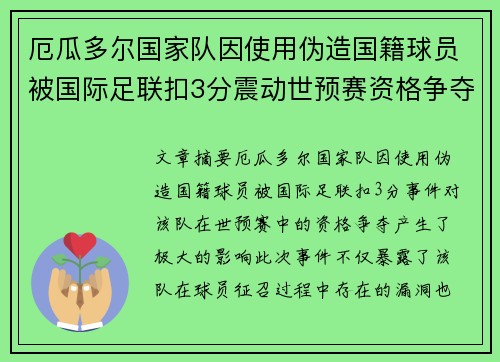 厄瓜多尔国家队因使用伪造国籍球员被国际足联扣3分震动世预赛资格争夺